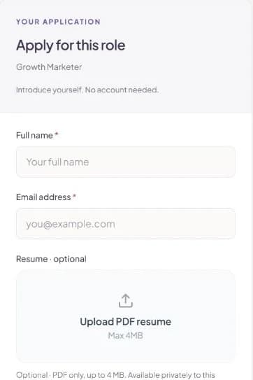 The top of the candidate application form, with name, email and optional PDF resume.